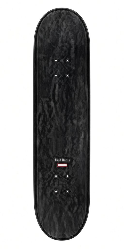 Black skateboard deck with wood-grain texture, eight mounting holes, and centered Dad Recis label on a white background