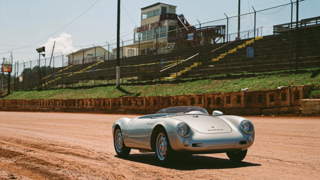 Silver vintage-style Porsche 550 J roadster parked on a dirt track beside fenced bleachers and a control tower