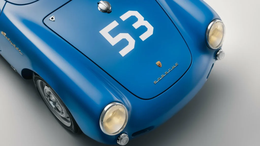 Blue Porsche 550 J front close-up with white 53 racing number, round headlights, crest and Porsche badge against a gray floor