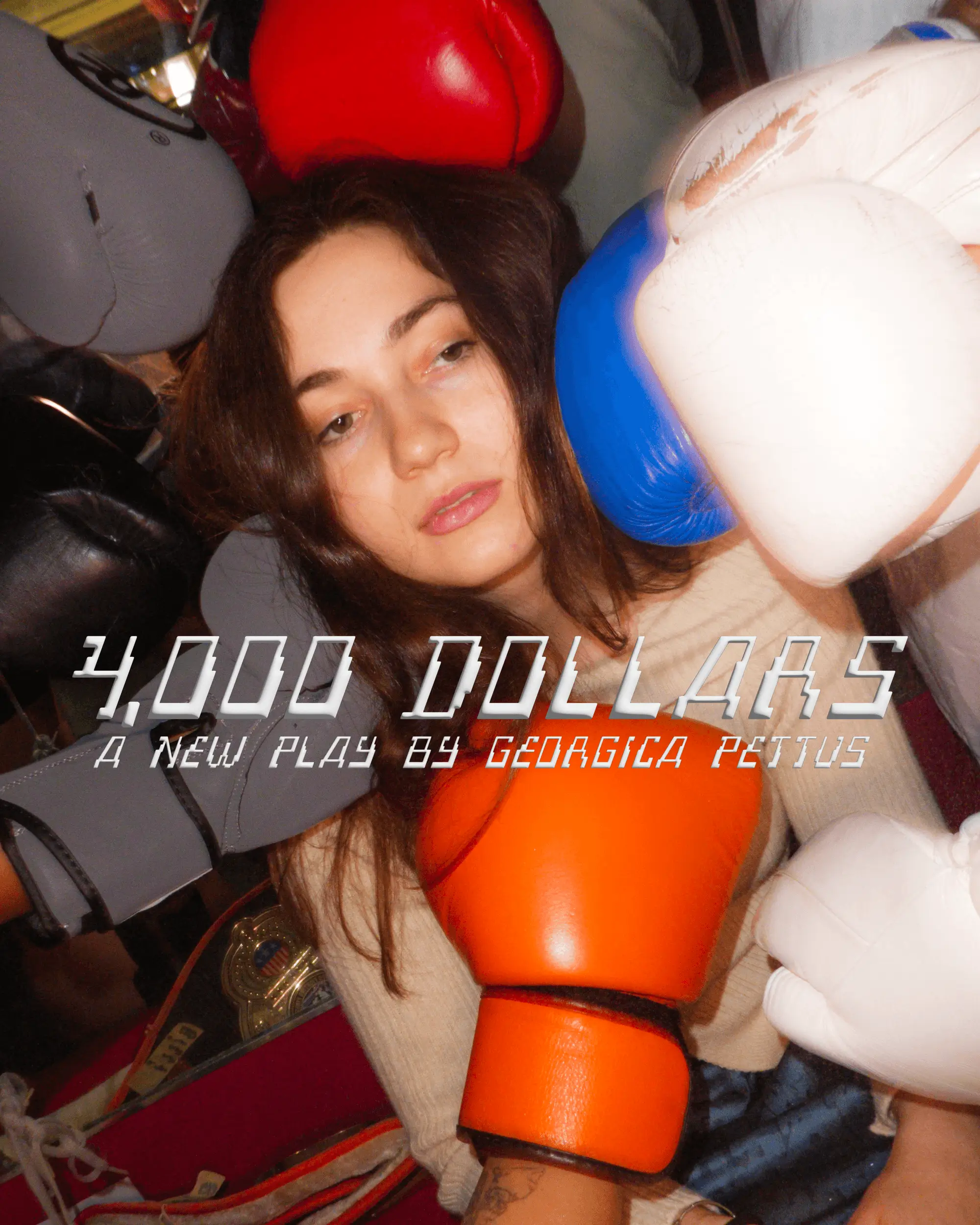 Georgica Pettus poses among colorful boxing gloves in a beige sweater, with bold white “4000 DOLLARS” text across the image