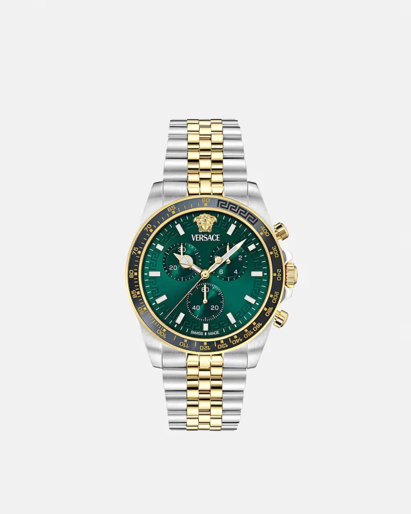 Versace chronograph wristwatch with a green dial, gold accents, silver-and-gold bracelet, and Medusa emblem on white