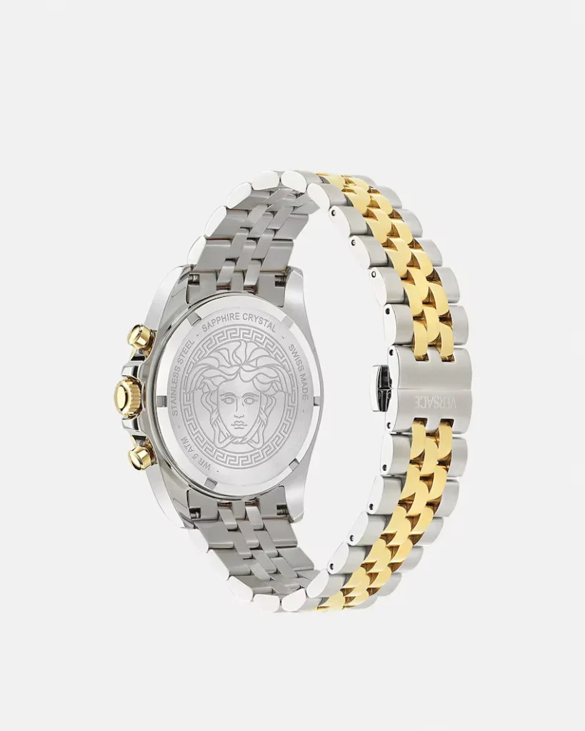 Versace stainless-steel chronograph watch with a two-tone silver and gold bracelet, showing an engraved Medusa caseback