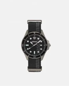Versace black Greca Force watch with a black woven strap, silver case, black bezel, and date window on a white background