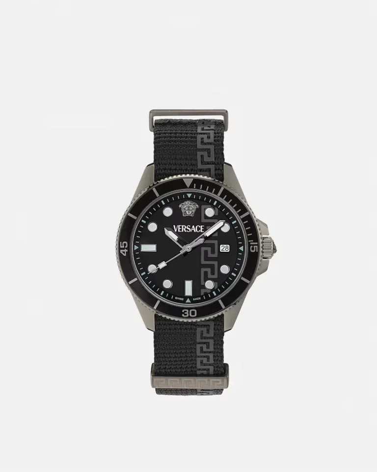 Versace black Greca Force watch with a black woven strap, silver case, black bezel, and date window on a white background