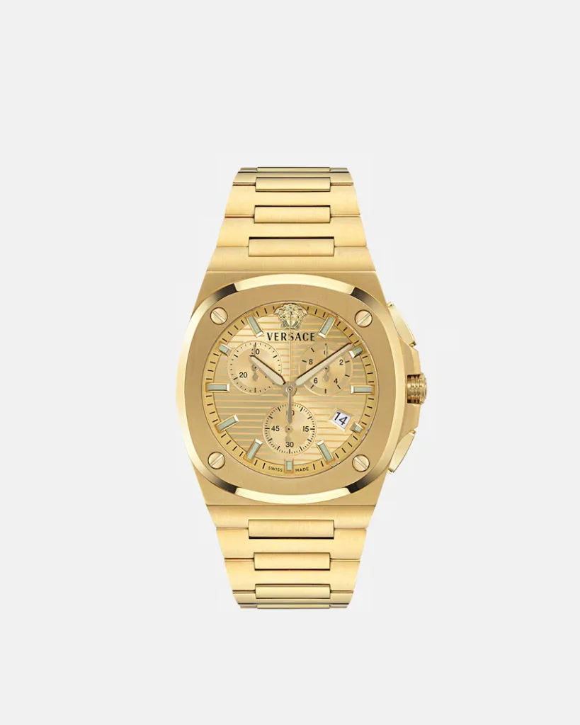 Gold-tone Versace chronograph watch with a linked bracelet, textured dial, three subdials and date window