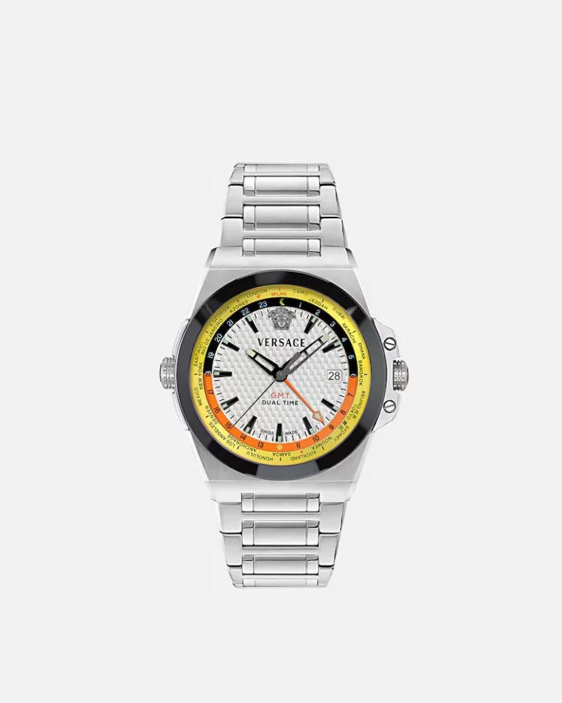 Silver Versace GMT wristwatch with white dial, black bezel, yellow and orange accents, and metal bracelet