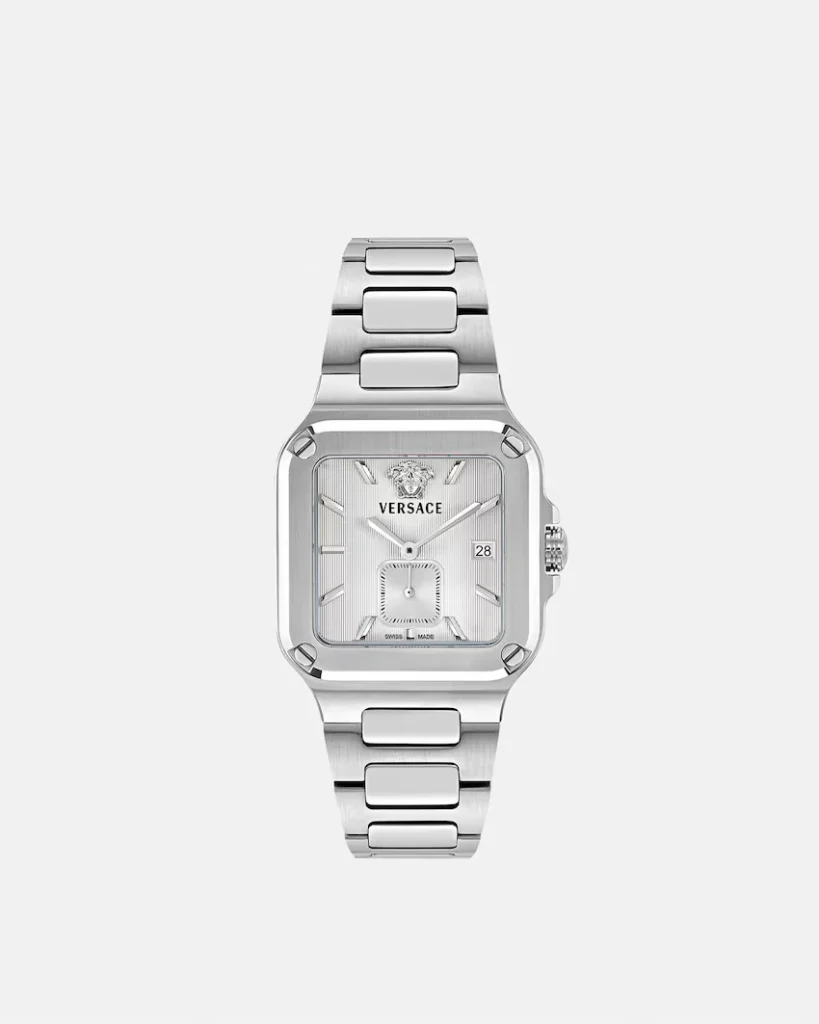Silver Versace wristwatch with a rectangular face, metal bracelet, date window, and logo on the dial