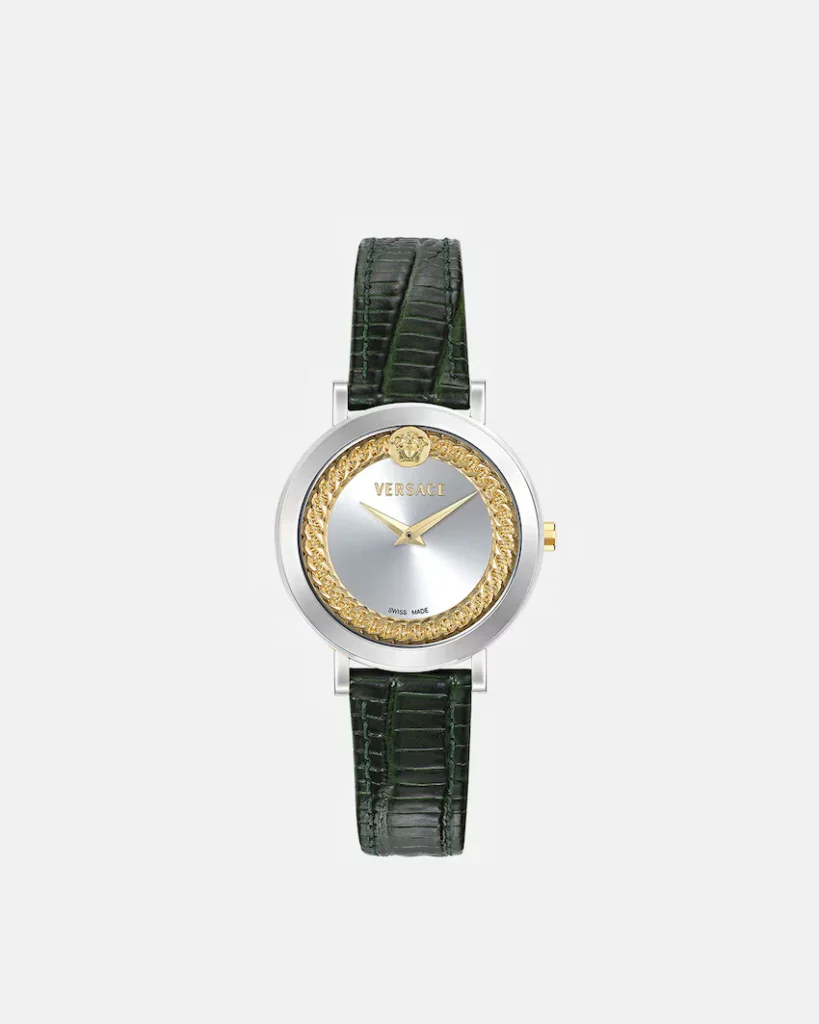 Versace wristwatch with silver case, gold Medusa bezel, white dial, and dark green crocodile-pattern strap