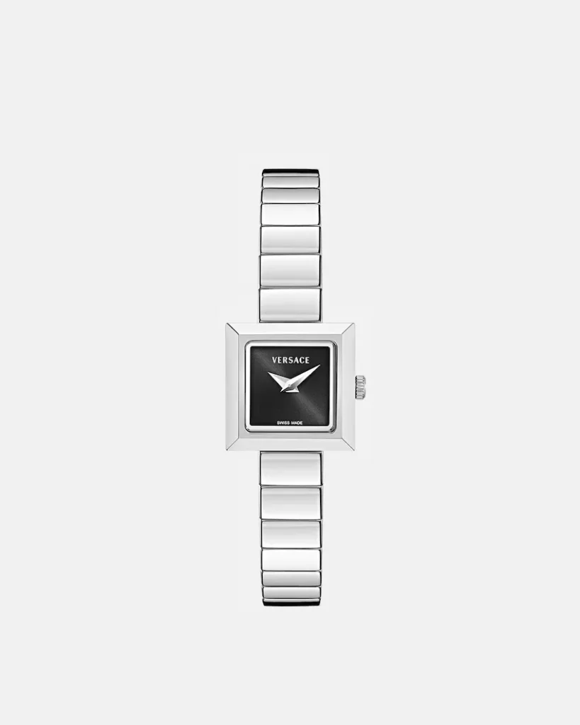 Silver Versace wristwatch with a square black dial and segmented metal bracelet