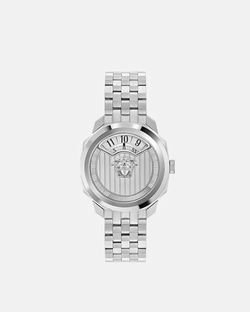 Silver Versace wristwatch with linked metal bracelet, Roman numerals, and Medusa emblem on a striped dial
