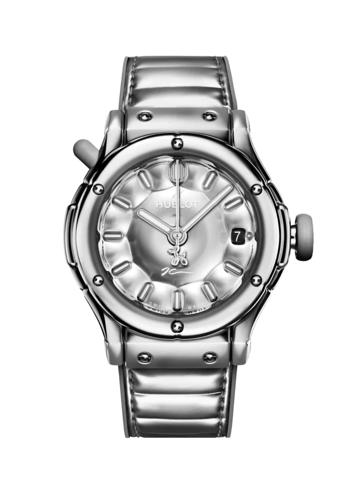Silver Hublot wristwatch with a round dial, metal bracelet, chronograph subdials and date window