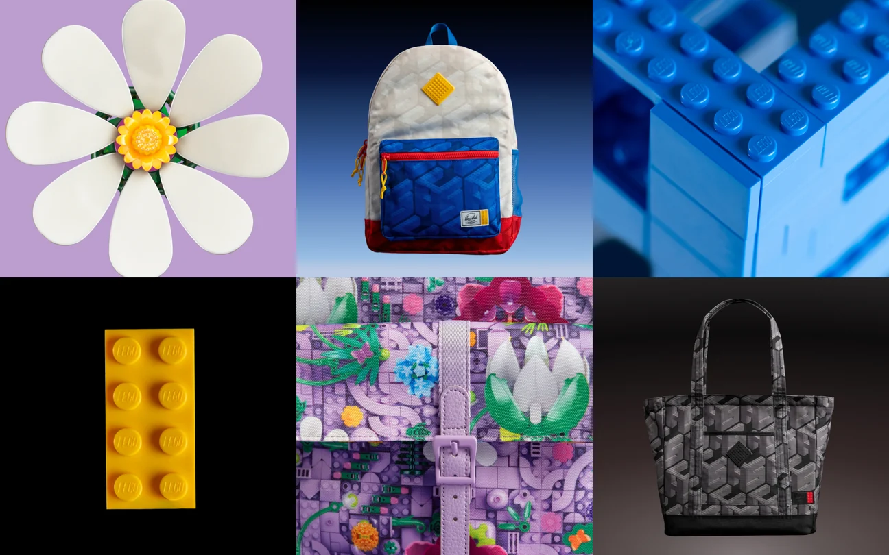 Collage of LEGO-themed designs, including a flower, backpack, blue bricks, yellow brick, and patterned handbag