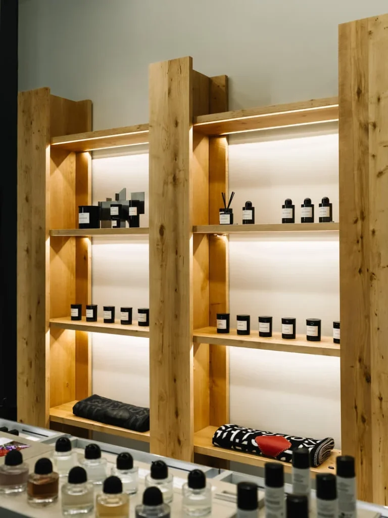 Wooden illuminated shelves display bottles, jars and rolled textiles behind rows of perfume samples