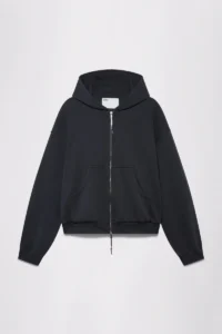 Black zip-up hoodie with drawstring hood, kangaroo pocket and long sleeves, displayed against a white background
