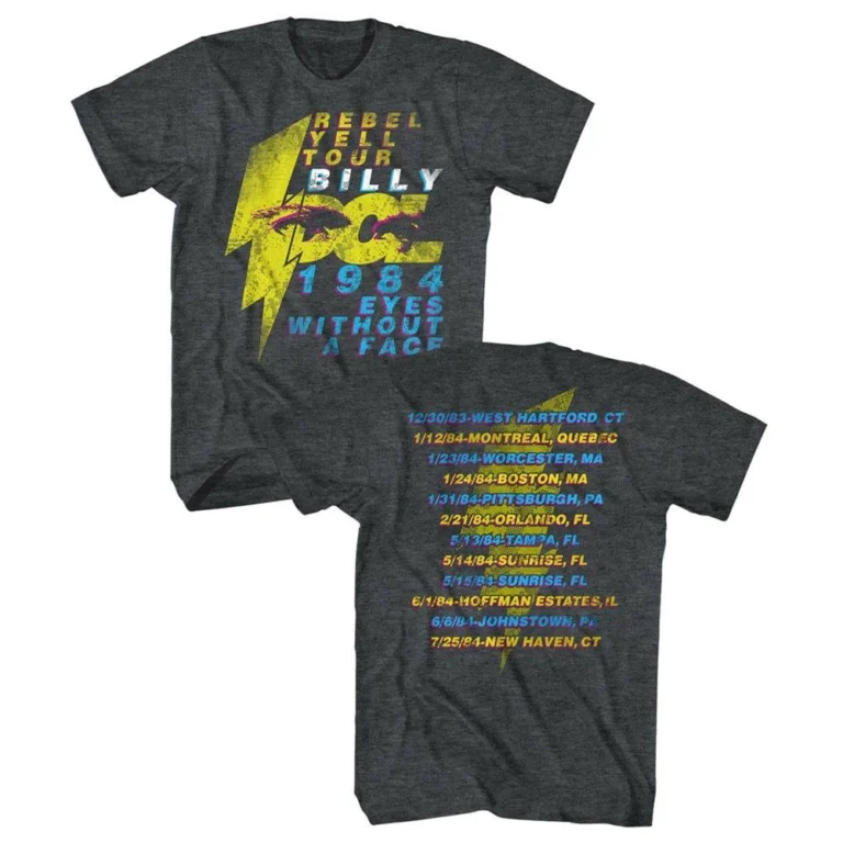 Front and back of a charcoal gray Billy Idol tour Tee with tincture lightning bolt graphics and concert dates