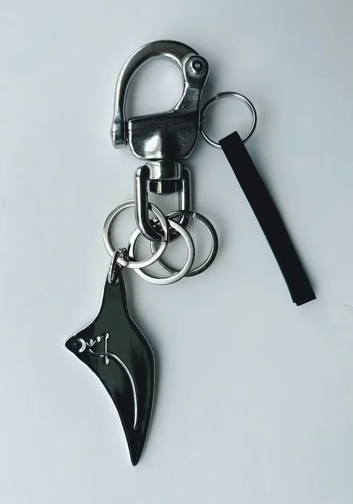 Silver metal keychain with multiple rings, a lobster clasp, black strap, and glossy black pointed pendant on a pale surface
