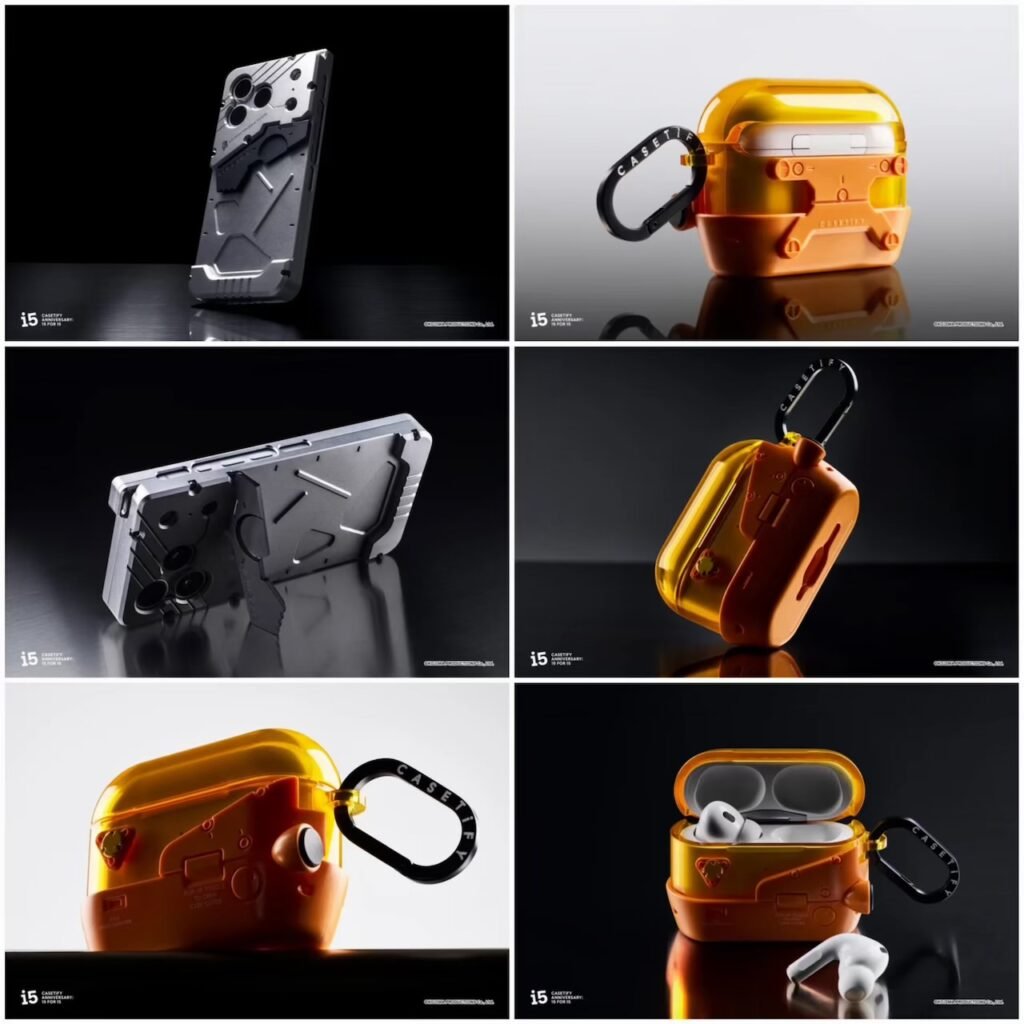 Six-panel product collage showing aluminum case designs: black and amber cases, including one holding wireless earbuds