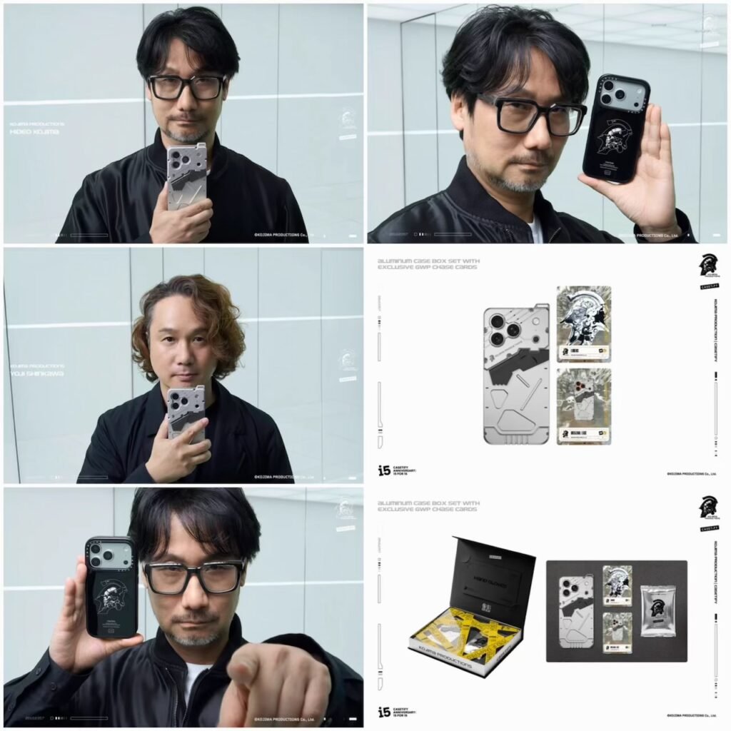 Collage of two men holding smartphones with metal cases alongside product sketches and case packaging layouts