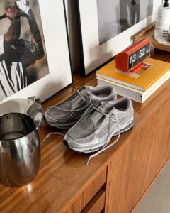 Silver mesh shoe with loose laces sit on a wooden cabinet beside stacked books, framed photos, and a metallic vase
