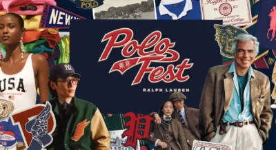 Collage of Ralph Lauren Polo imagery, including models, a smiling gray-haired man, clothing, patches, and a central Polo