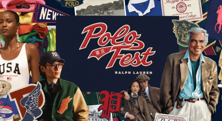 Collage of Ralph Lauren Polo imagery, including models, a smiling gray-haired man, clothing, patches, and a central Polo