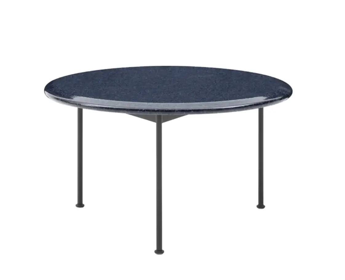 Round dark outdoor table with a textured tabletop and three slender black legs on a white background