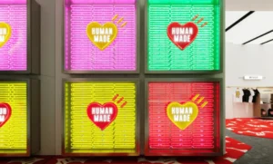 Tincture frame Human Made heart logos glow on a wall beside a clothing display in a store