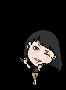 Cartoon girl with black hair, winking and smiling while posing with one hand raised against a black background