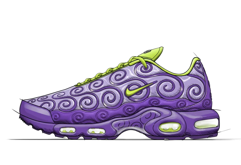 Purple sneaker with swirling patterns, lime green accents, and segmented translucent sole panels
