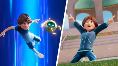Animated boy in a blue tracksuit leaps beside a glowing orb; on the right, he kneels on turf with arms raised in a stadium