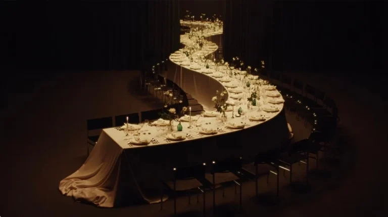 Sinuous banquet table set with white linens, candles, glassware and green vases in a dark room