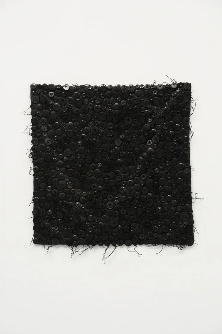 Rectangular black textile panel densely covered with buttons and loose threads, isolated against a white background