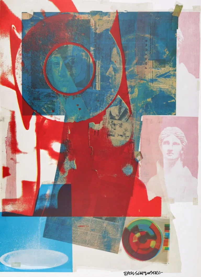 Mixed-media collage with red and blue painted shapes, newspaper clippings, circular portraits, and a multicolored target on