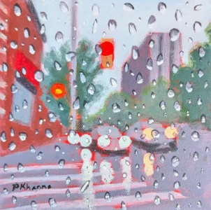 Rain-spattered view of a city intersection with traffic lights, cars, trees, and colorful building render in paint