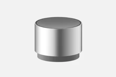 Silver cylindrical car diffuser with a dark gray top and base, centered against a light gray background