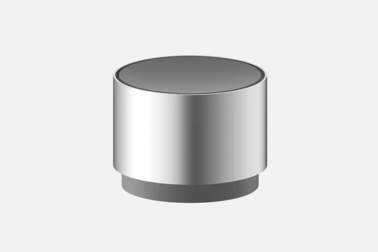 Silver cylindrical car diffuser with a dark gray top and base, centered against a light gray background
