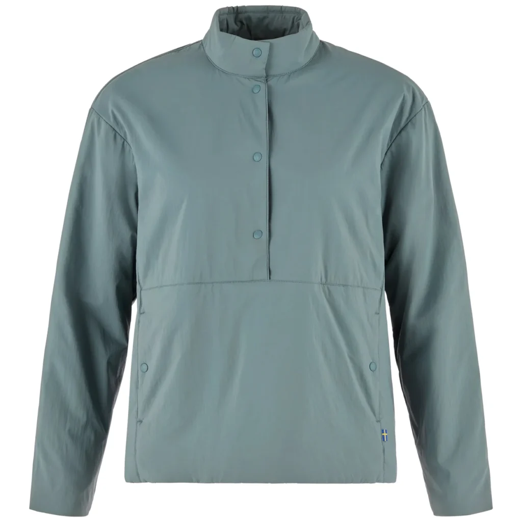 Light gray-green insulated pullover jacket with high collar, snap placket, long sleeves, and Swedish flag tag on white