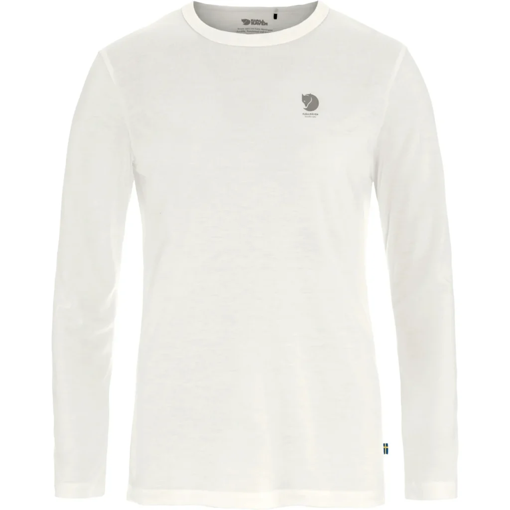 White long-sleeve Tee with a small Fjällräven fox logo on the chest and Swedish flag tag, shown against white background