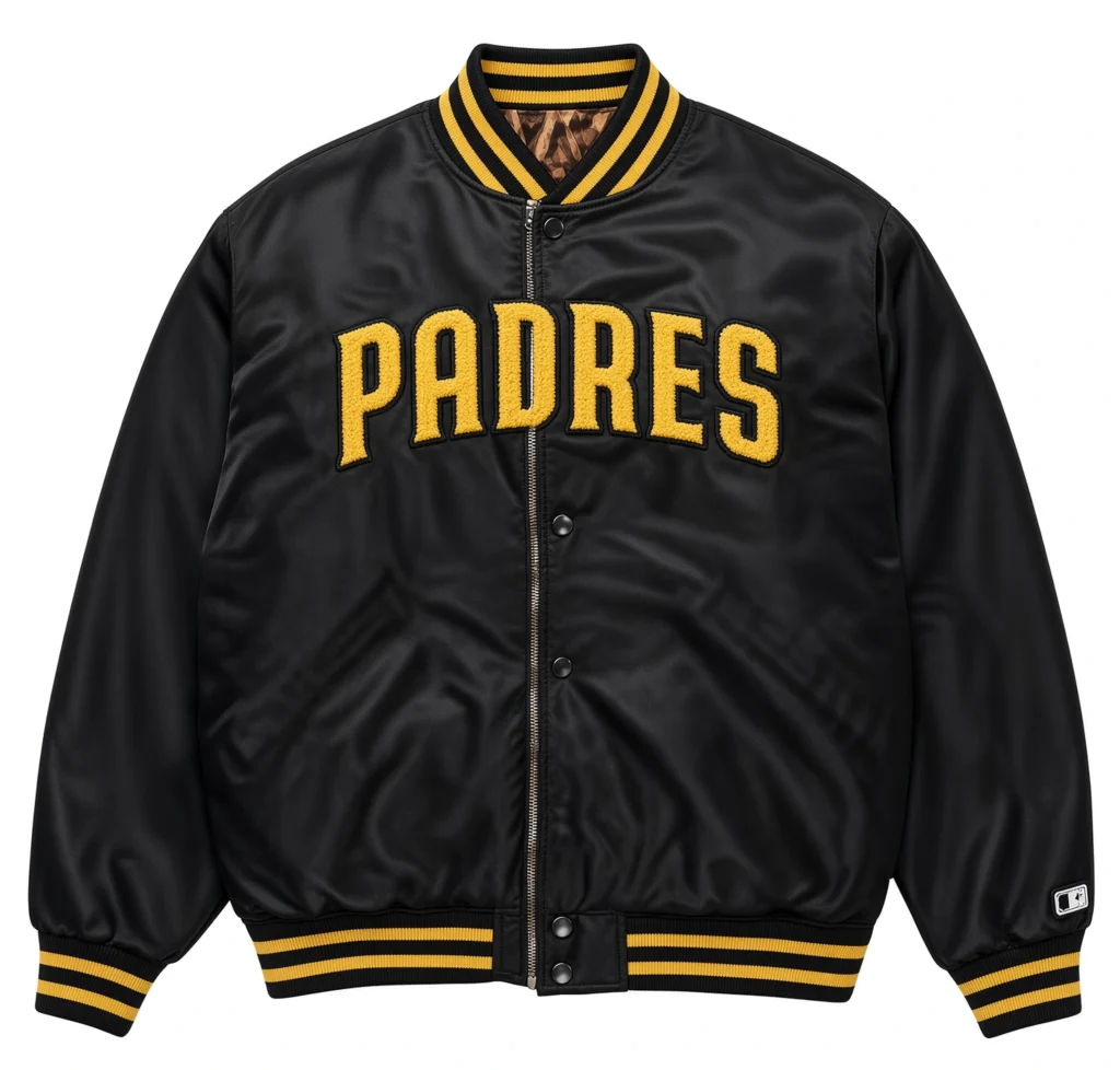 Black satin Padres baseball jacket with yellow striped ribbing and large textured yellow lettering on a white background