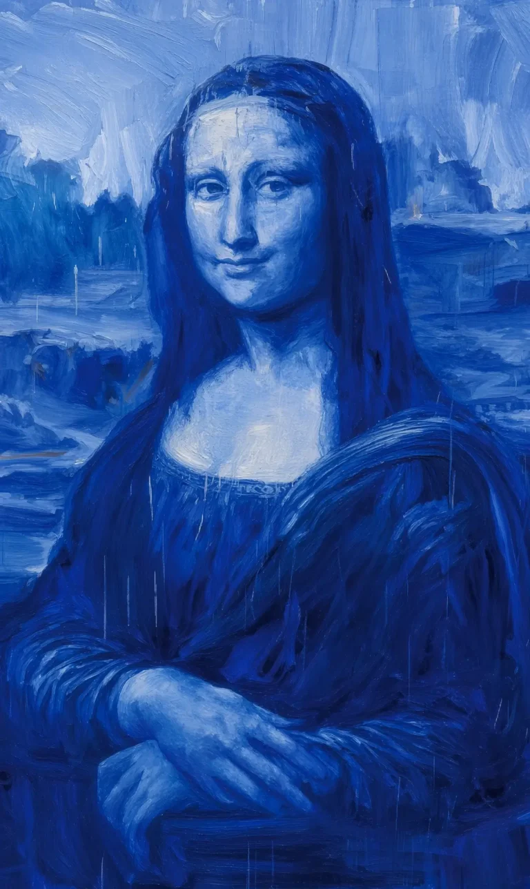 Blue monochrome painting of a seated long-haired woman with folded hands against a landscape backdrop
