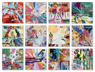 Grid of twelve colorful abstract album covers arranged in three rows of four against a white background