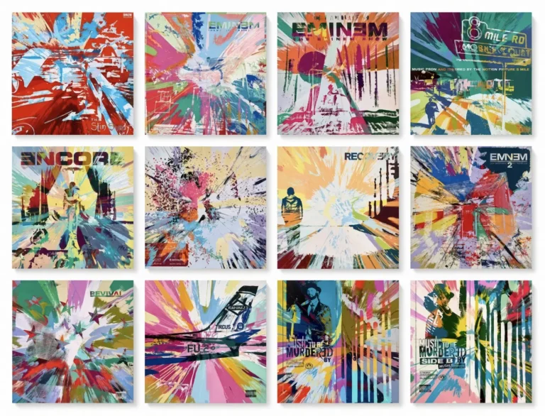 Grid of twelve colorful abstract album covers arranged in three rows of four against a white background