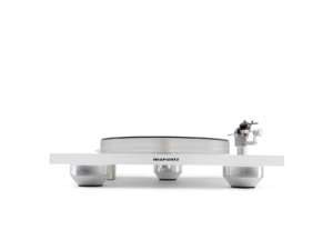 Front view of a white Marantz turntable with exposed silver feet, platter, and tonearm against a white background