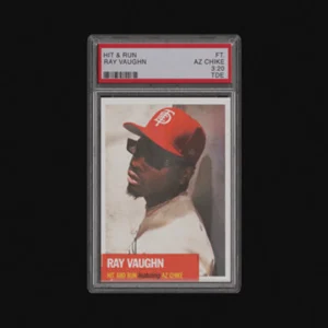 Graded baseball card showing Ray Vaughn in profile wearing a red cap and white shirt, framed against black background