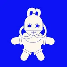 White cartoon astronaut robot with blue details, floating against a vivid blue background