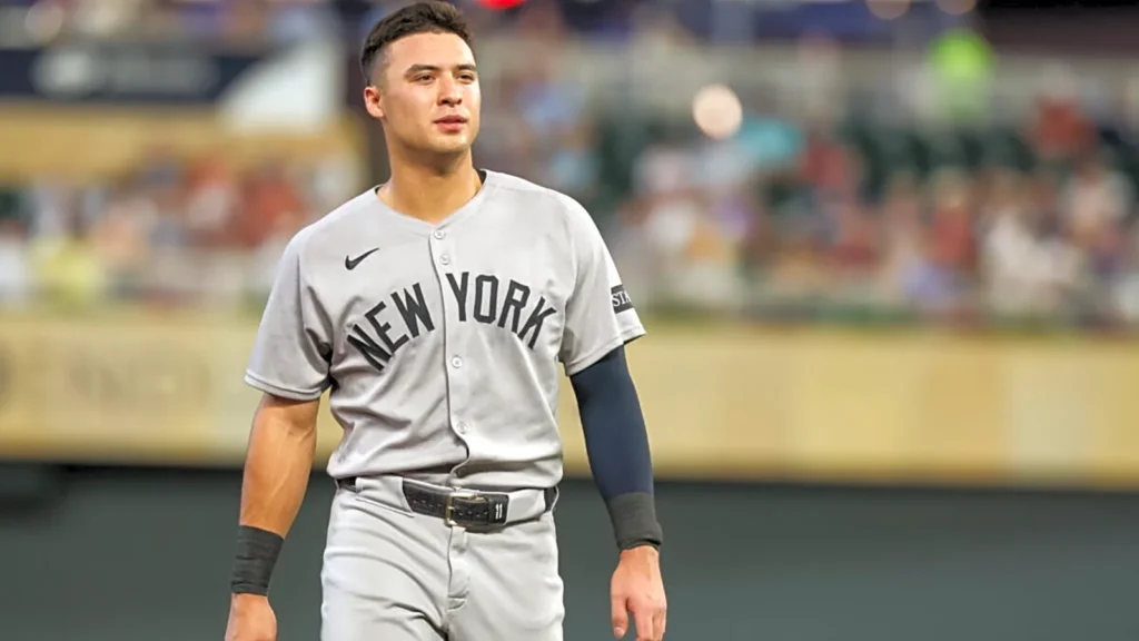 Anthony Volpe player in a gray New York jersey and dark arm sleeve stands on the field before a blurred stadium crowd