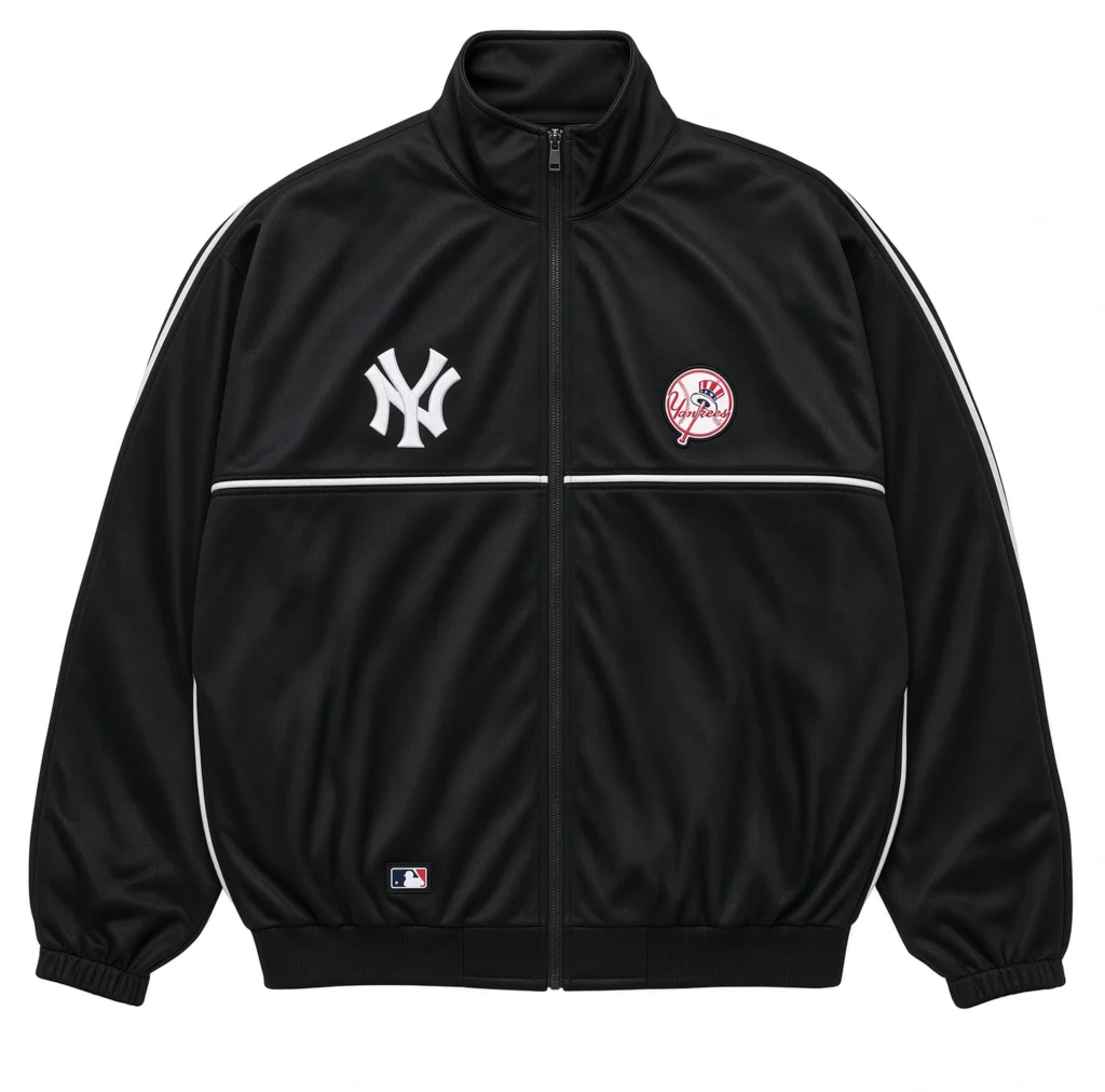 Black leather-look Yankees track jacket with white piping, team patches and ribbed collar and hem on a white background
