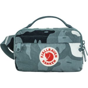Blue-gray camouflage Fjällräven Kånken hip pack with top handle, adjustable strap, front pocket and logo patch on white