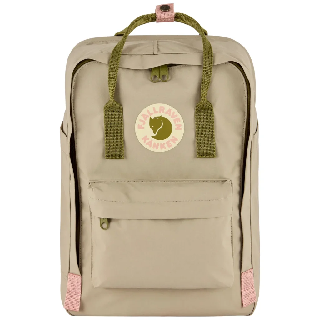 Beige Fjällräven Kånken backpack with olive straps, pink accents, front pocket and fox logo, shown against white background