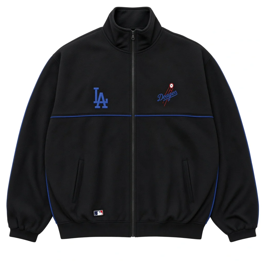Black zip-up jacket with blue piping, Dodgers and LA logos, MLB patch, ribbed cuffs, and stand collar on white background